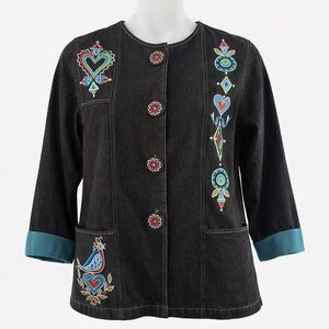 Bob Mackie Wearable Art Embroidered Denim Jacket Women M Folk Boho Statement